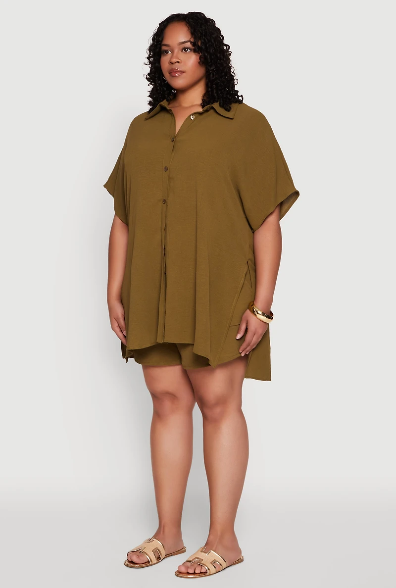 Womens Plus Size Airy Oversized Slit Hem Shirt, Green, Size 2X