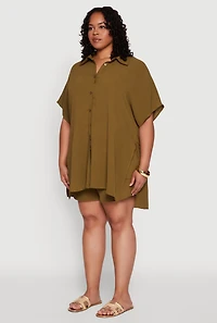 Womens Plus Size Airy Oversized Slit Hem Shirt, Green, Size 1X