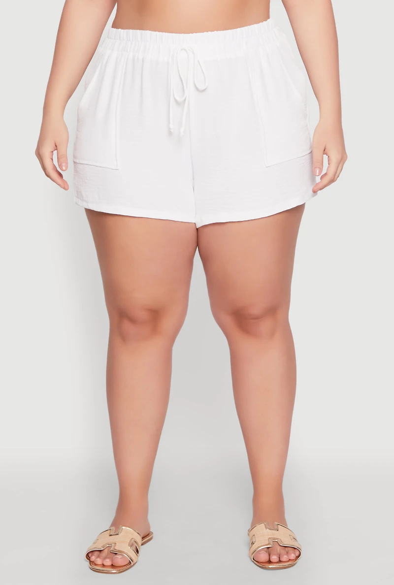 Womens Plus Size Airy Drawstring Detail Shorts, White, Size 3X