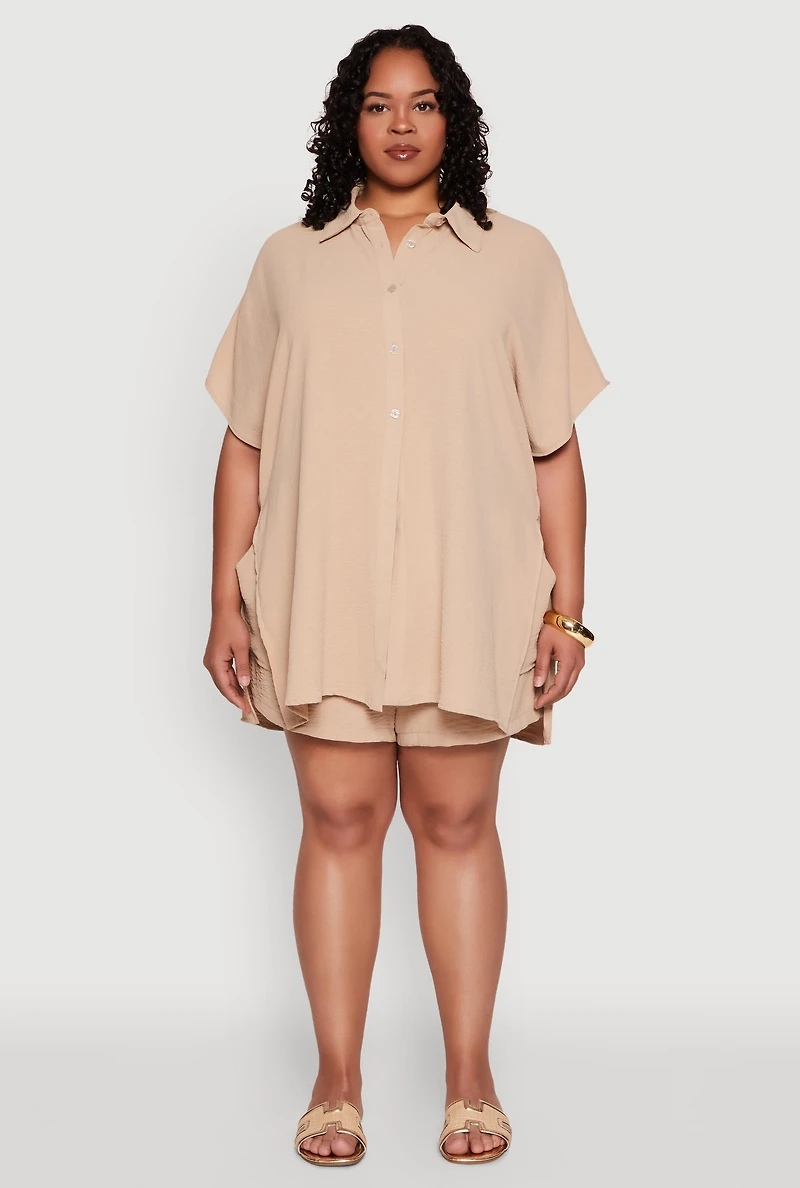 Womens Plus Size Airy Drawstring Detail Shorts, Khaki, Size 3X