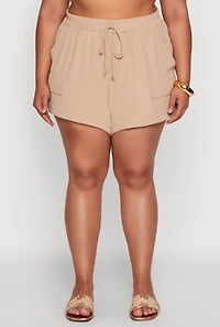 Womens Plus Size Airy Drawstring Detail Shorts, Khaki, Size 3X