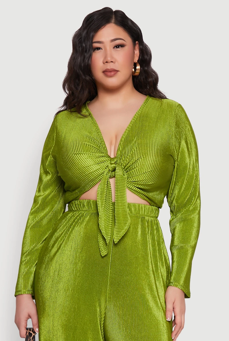 Womens Plus Size Plisse Tie Front Crop Top, Green, Size 3X