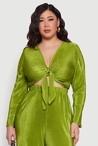 Womens Plus Size Plisse Tie Front Crop Top, Green, Size 3X