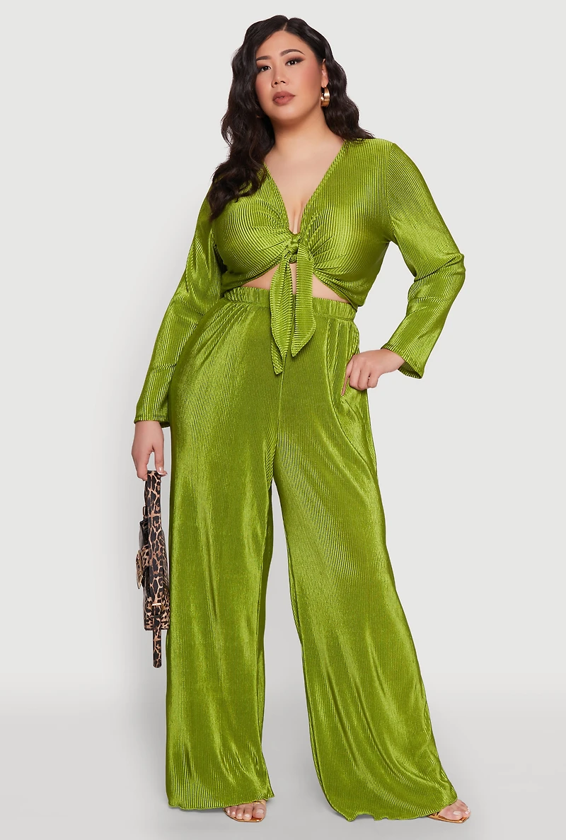 Womens Plus Size Plisse Tie Front Crop Top, Green, Size 3X