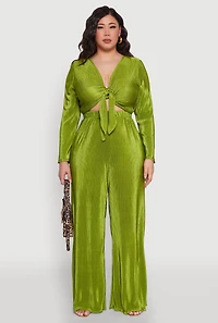 Womens Plus Size Plisse Tie Front Crop Top, Green, Size 3X