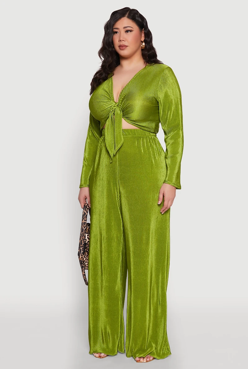 Womens Plus Size Plisse Tie Front Crop Top, Green, Size 3X