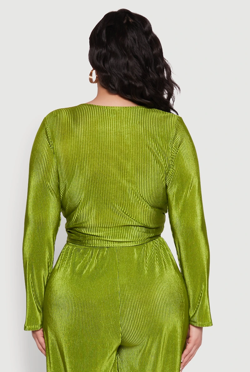 Womens Plus Size Plisse Tie Front Crop Top, Green, Size 3X