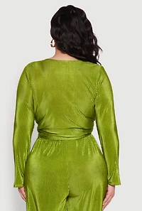 Womens Plus Size Plisse Tie Front Crop Top, Green, Size 3X