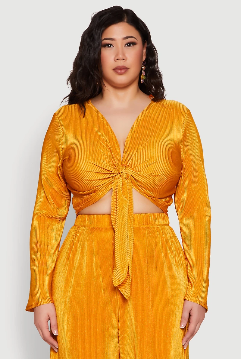 Womens Plus Size Plisse Tie Front Crop Top, Yellow, Size 2X