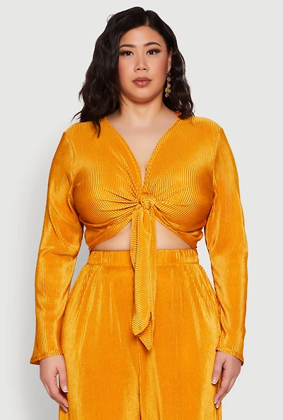 Womens Plus Size Plisse Tie Front Crop Top, Yellow, Size 2X