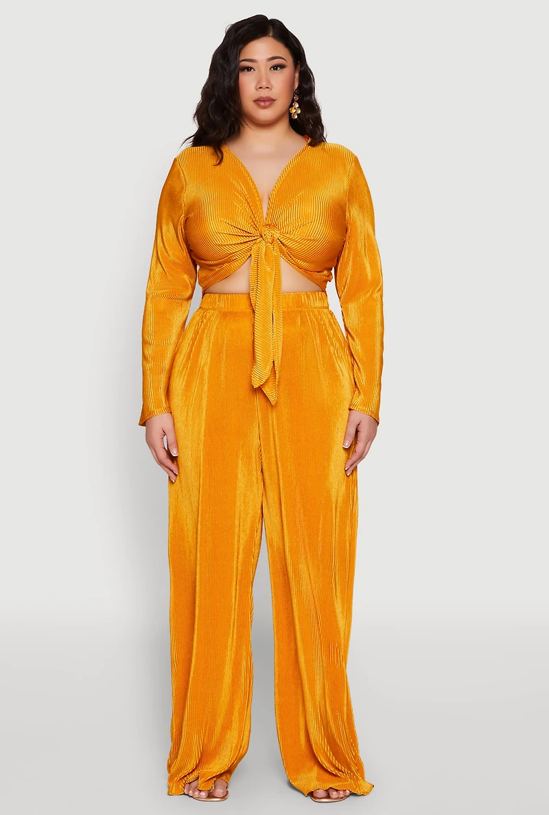 Womens Plus Size Plisse Tie Front Crop Top, Yellow, Size 2X
