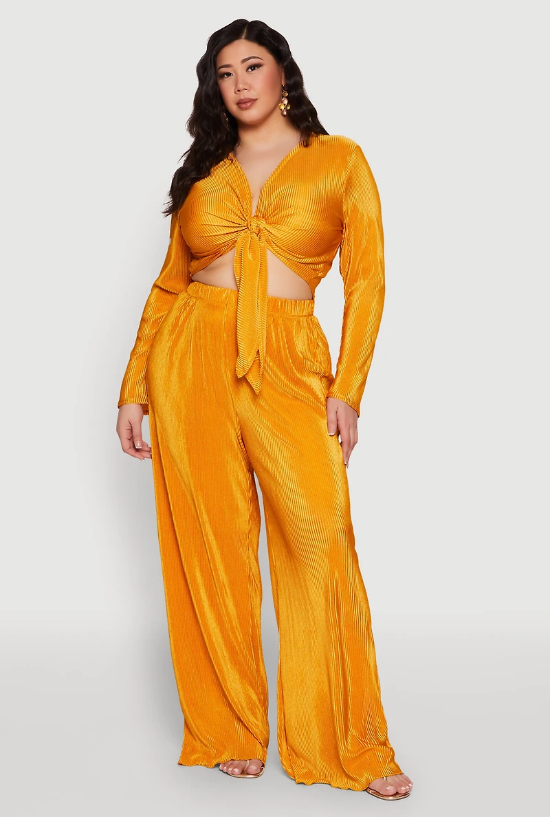 Womens Plus Size Plisse Tie Front Crop Top, Yellow, Size 2X