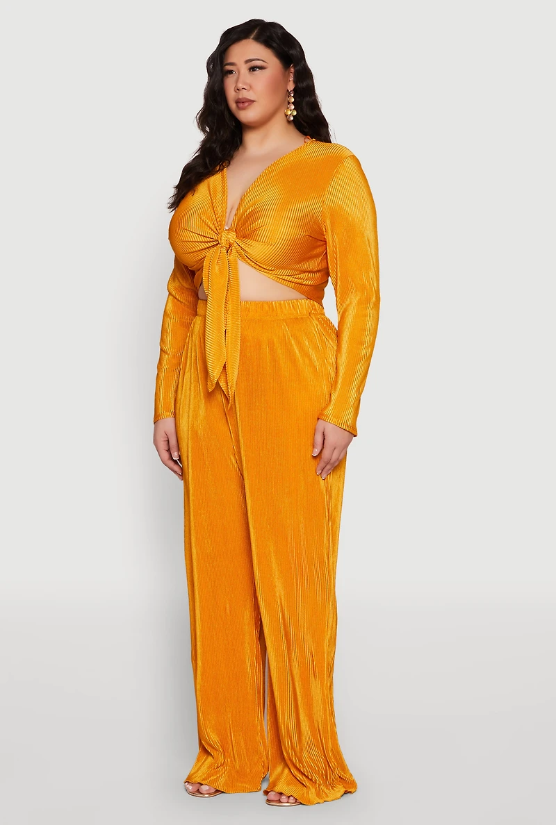 Womens Plus Size Plisse Tie Front Crop Top, Yellow, Size 2X
