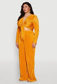 Womens Plus Size Plisse Tie Front Crop Top, Yellow, Size 2X