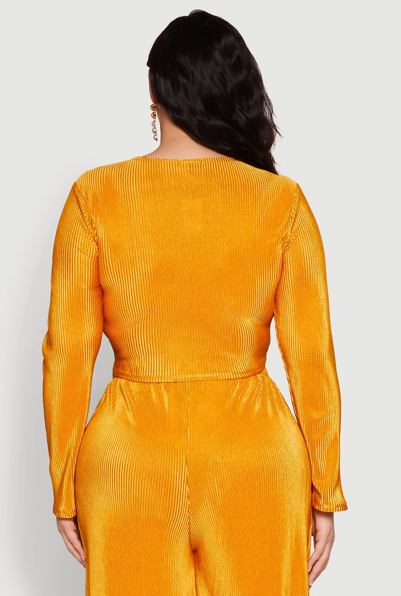Womens Plus Size Plisse Tie Front Crop Top, Yellow, Size 2X