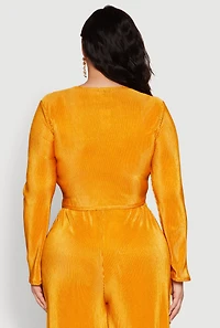 Womens Plus Size Plisse Tie Front Crop Top, Yellow, Size 2X