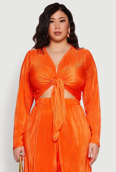 Womens Plus Size Plisse Tie Front Crop Top, Orange, Size 2X