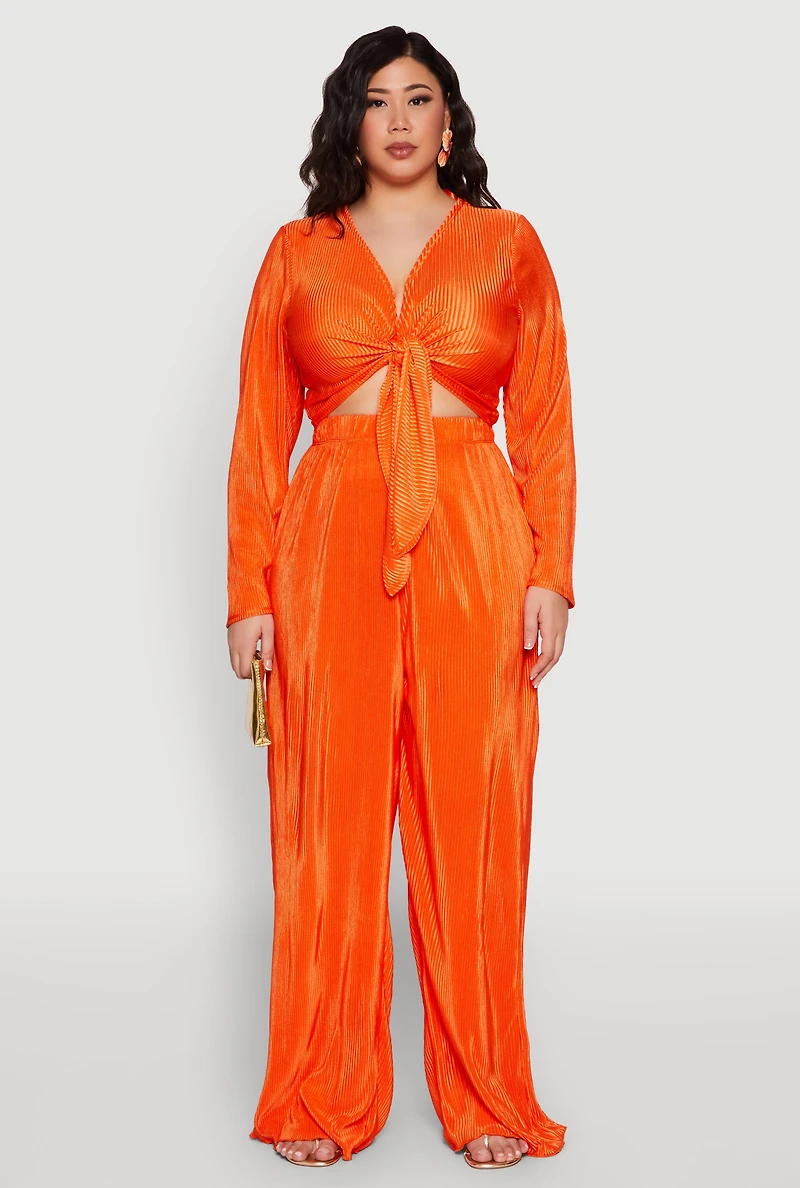 Womens Plus Size Plisse Tie Front Crop Top, Orange, Size 2X