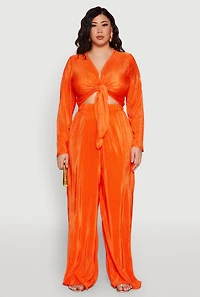 Womens Plus Size Plisse Tie Front Crop Top, Orange, Size 2X