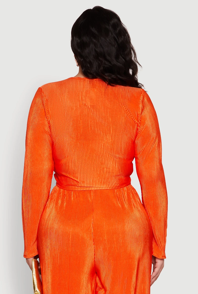 Womens Plus Size Plisse Tie Front Crop Top, Orange, Size 2X