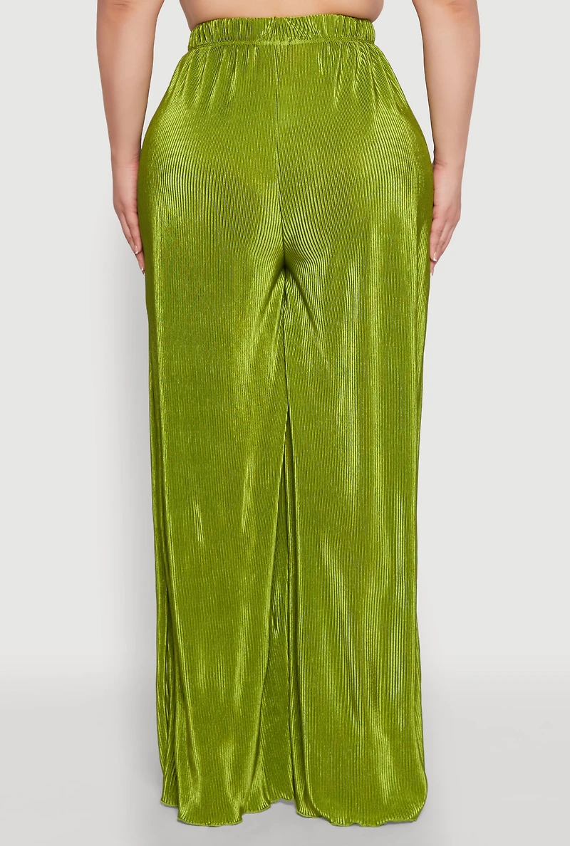 Womens Plus Size Plisse Palazzo Pants, Green, Size 3X