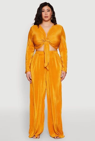 Womens Plus Size Plisse Palazzo Pants, Yellow, Size 2X
