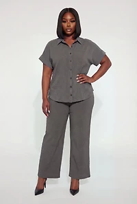 Plus High Waisted Seersucker Wide Leg Pants