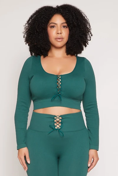 Womens Plus Seamless Lace Up Long Sleeve Crop Top, 2X-3X