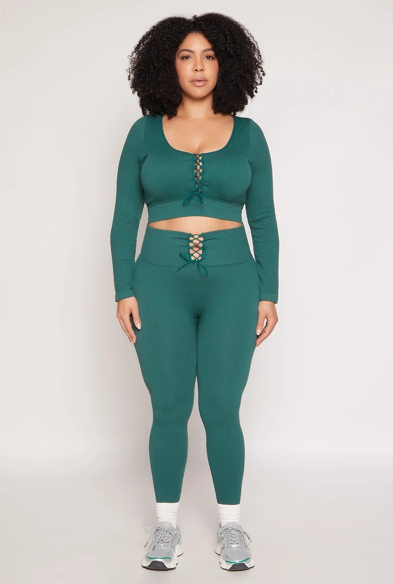 Womens Plus Seamless Lace Up Long Sleeve Crop Top, Green,