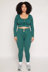Womens Plus Seamless Lace Up Long Sleeve Crop Top, Green,