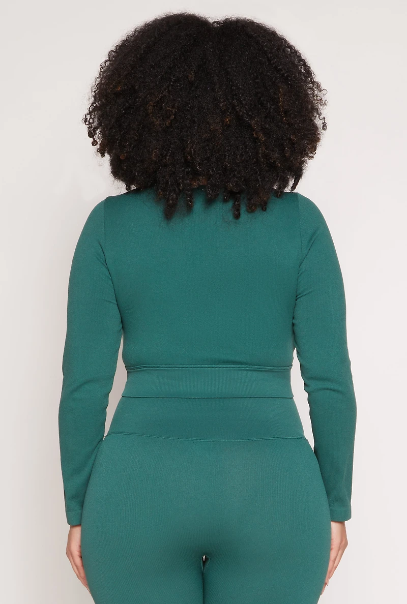 Womens Plus Seamless Lace Up Long Sleeve Crop Top, Green,