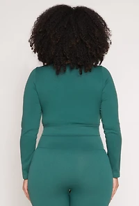 Womens Plus Seamless Lace Up Long Sleeve Crop Top, Green,
