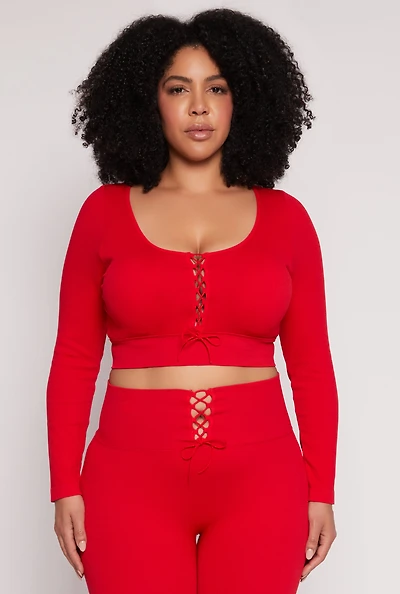 Womens Plus Size Seamless Lace Up Long Sleeve Crop Top, Red, Size 1X-2X