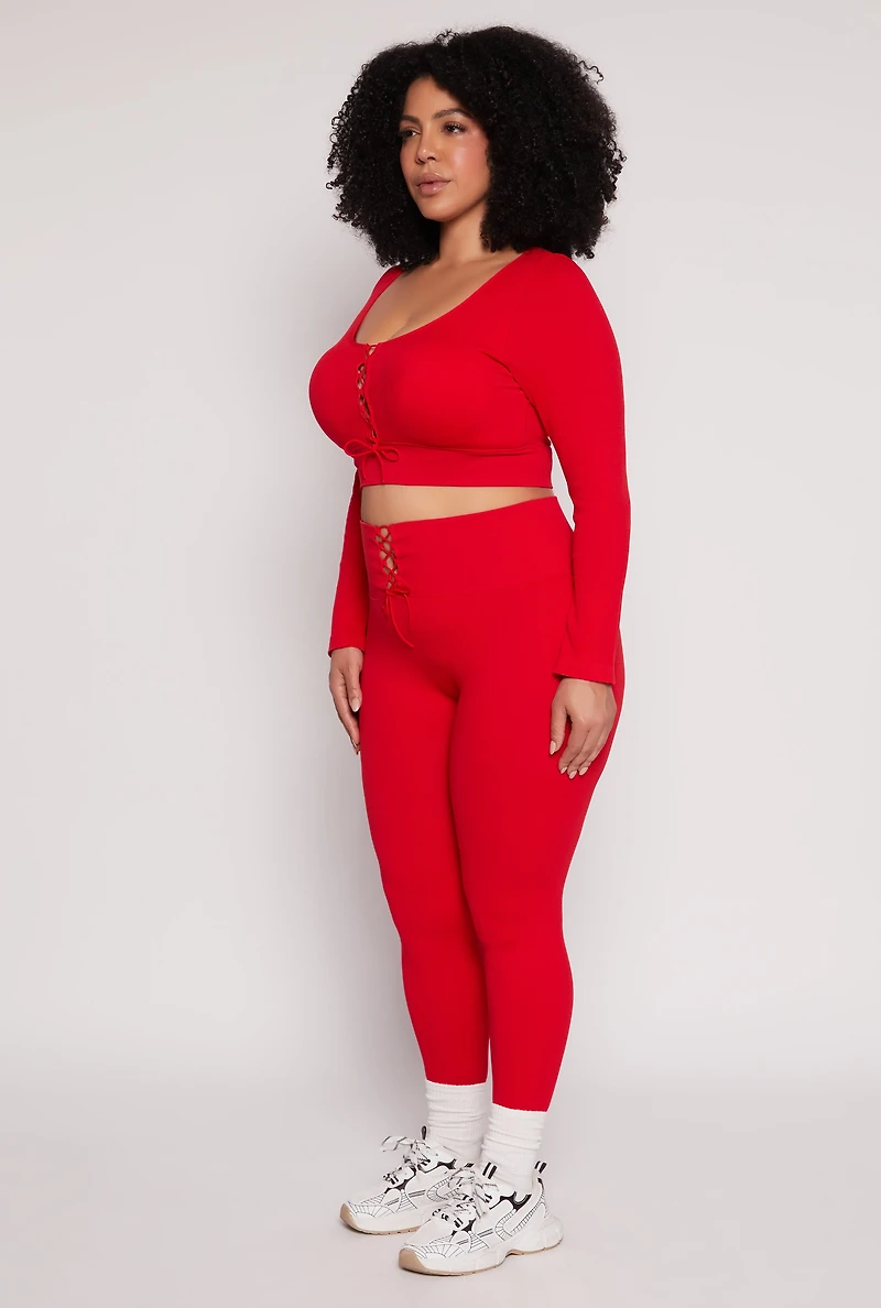 Womens Plus Size Seamless Lace Up Long Sleeve Crop Top, Red, Size 1X-2X
