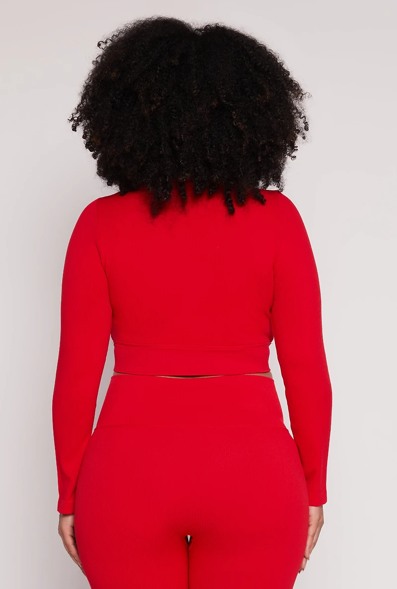 Womens Plus Size Seamless Lace Up Long Sleeve Crop Top, Red, Size 1X-2X