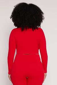 Womens Plus Size Seamless Lace Up Long Sleeve Crop Top, Red, Size 1X-2X
