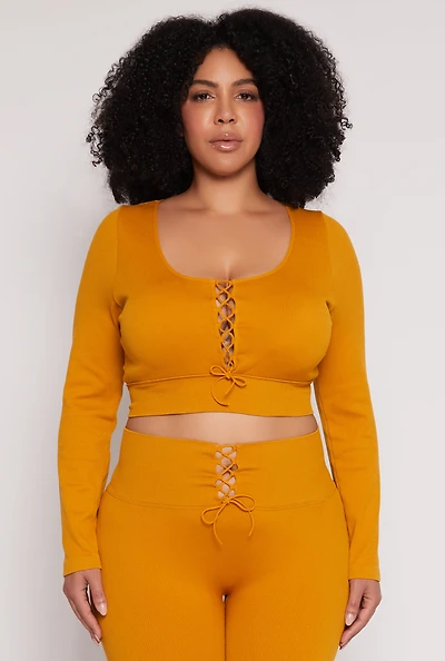 Womens Plus Size Seamless Lace Up Long Sleeve Crop Top, Orange, Size 2X-3X