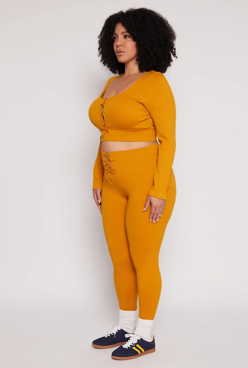 Womens Plus Size Seamless Lace Up Long Sleeve Crop Top, Orange, Size 1X-2X