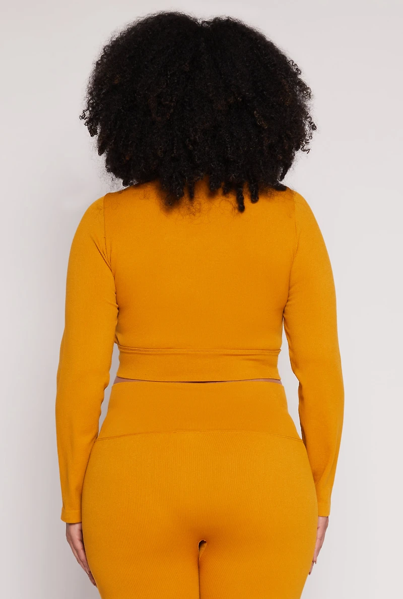 Womens Plus Size Seamless Lace Up Long Sleeve Crop Top, Orange, Size 1X-2X