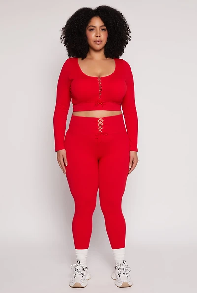 Womens Plus Size Seamless Lace Up Leggings, Red, Size 2X-3X