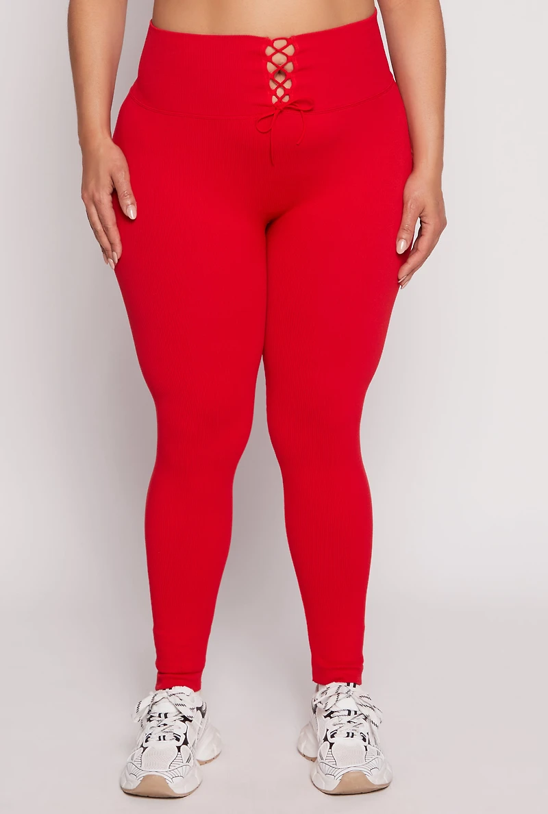 Womens Plus Size Seamless Lace Up Leggings, Red, Size 1X-2X