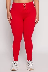 Womens Plus Size Seamless Lace Up Leggings, Red, Size 1X-2X