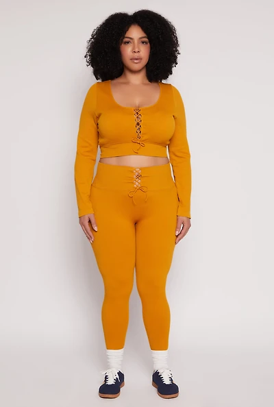Womens Plus Size Seamless Lace Up Leggings, Yellow, Size 2X-3X
