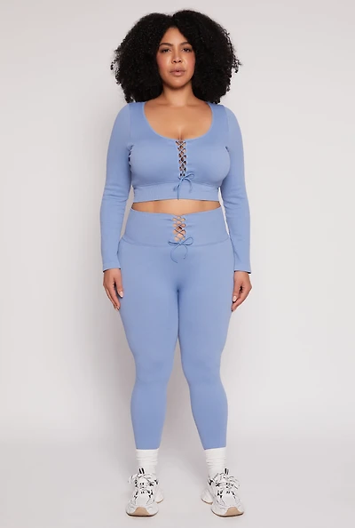 Womens Plus Size Seamless Lace Up Leggings, Blue, Size 1X-2X