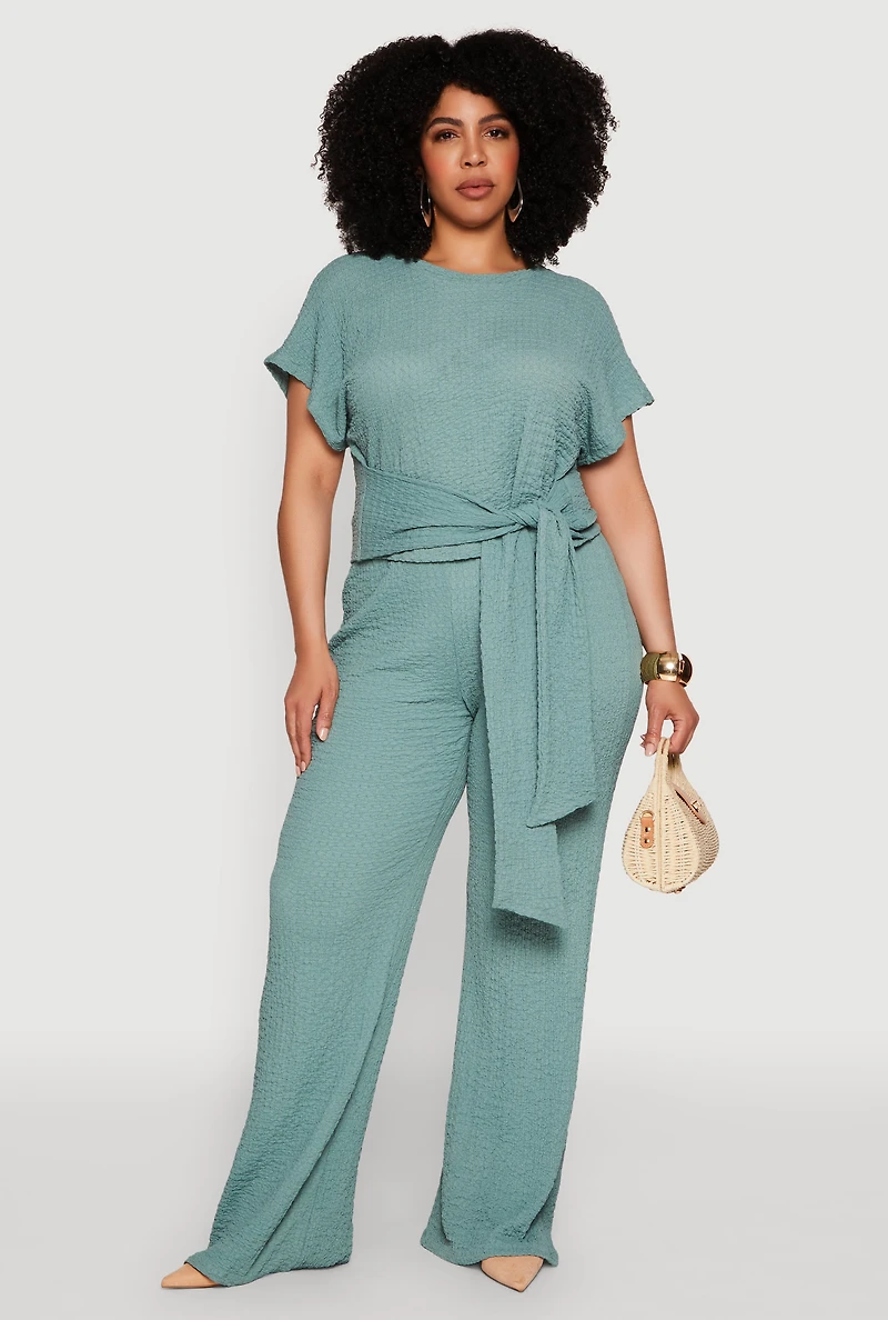 Womens Plus Size Textured Knit High Waist Pants, Green, Size 3X