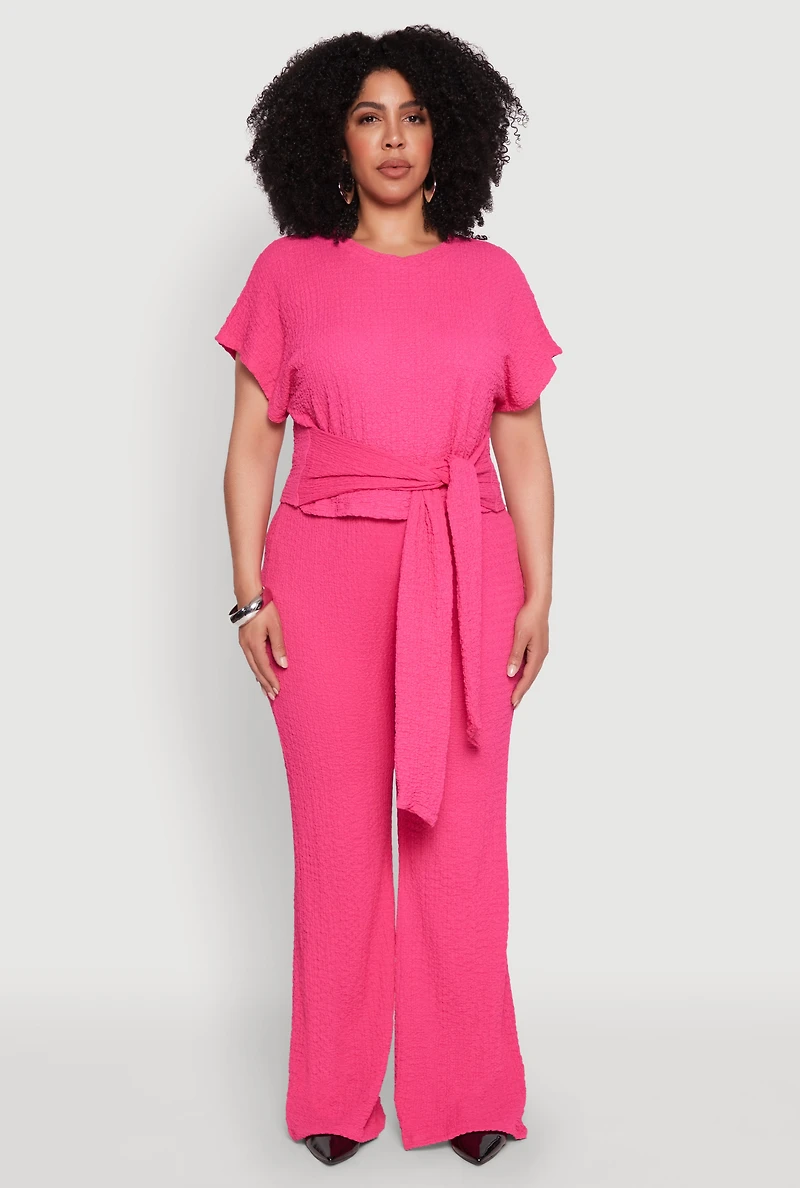Womens Plus Textured Knit High Waist Pants, Pink,