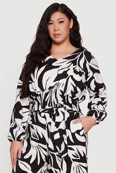 Plus Floral Print Smocked Bottom V Neck Blouse