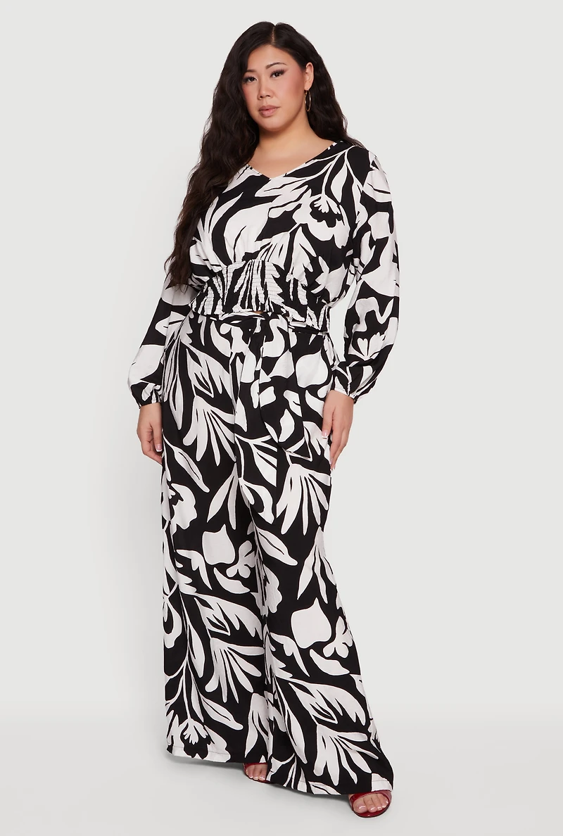 Plus Floral Print Smocked Bottom V Neck Blouse