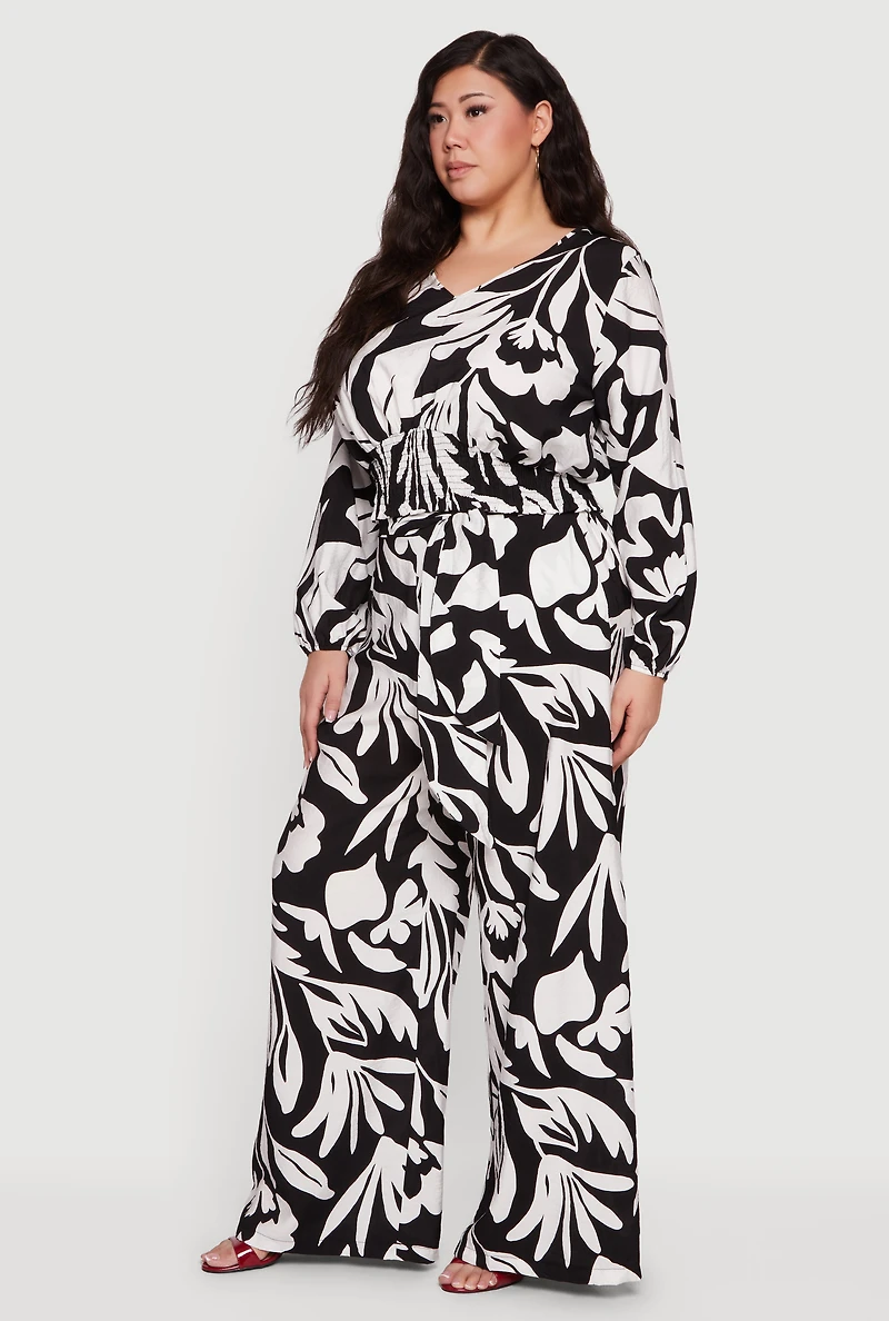 Plus Floral Print Smocked Bottom V Neck Blouse