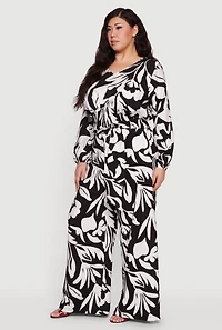 Plus Floral Print Smocked Bottom V Neck Blouse